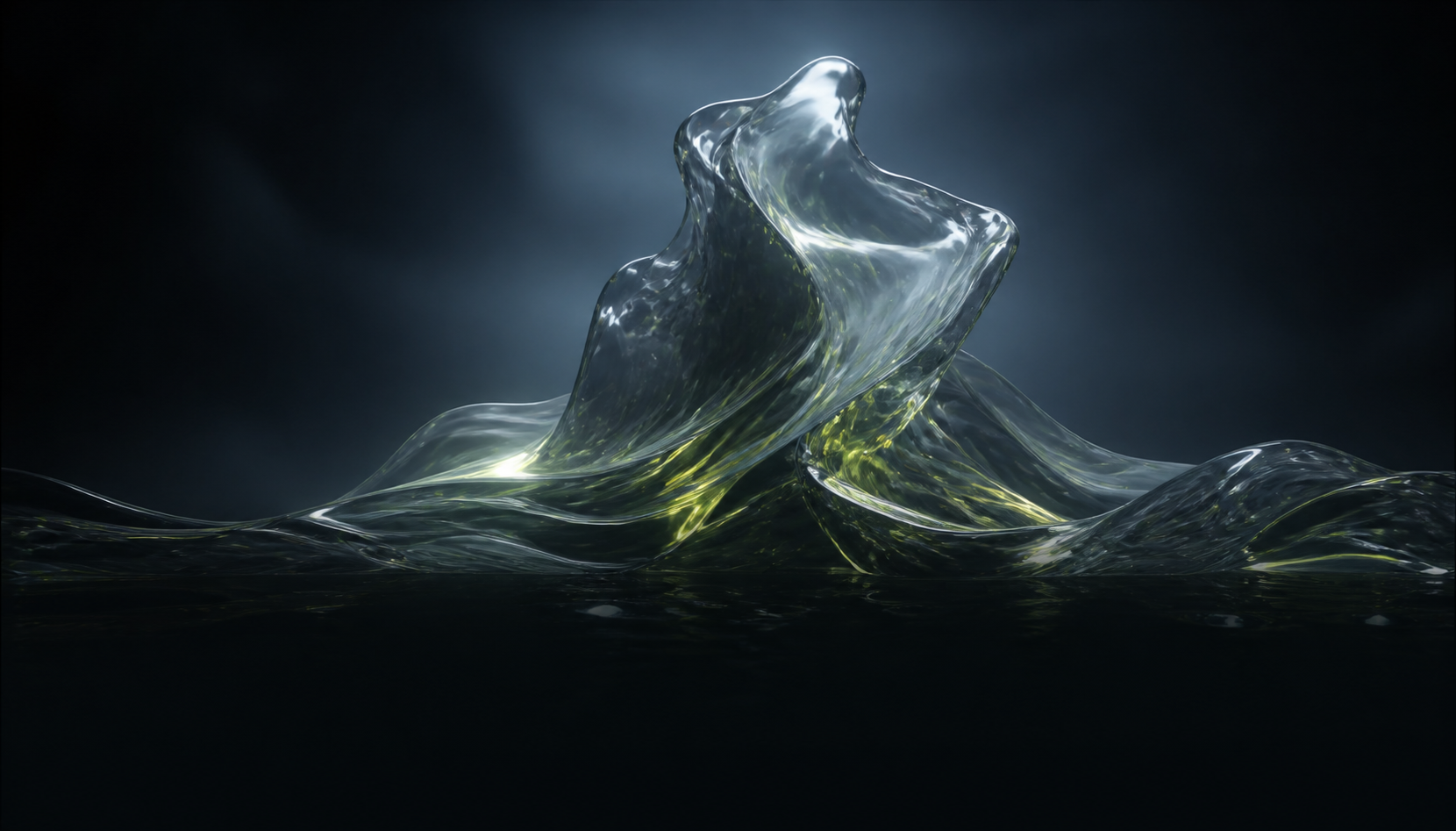 Abstract glass wave lit in midnight blue and lime